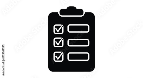 A black clipboard graphic with checkmarks and empty boxes a simple task list silhouette