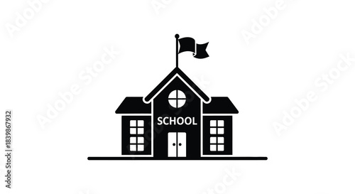 A striking black silhouette of a school building with a flag waving proudly on top silhouette