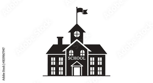 A simple black and white illustration of a classic school building with a flagpole silhouette