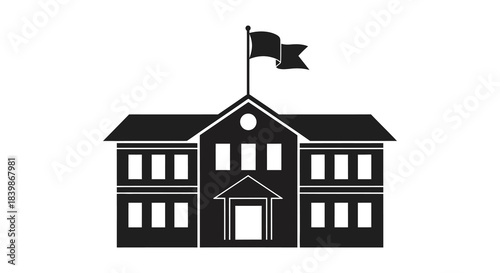 A simple black silhouette of a classic school building with a flag flying high silhouette