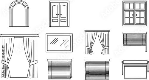 Set of 8 window vector icons showing various architectural openings and curtains isolated on white background
