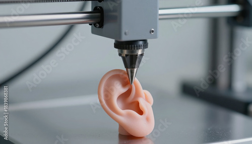 Close-up of a 3D printer nozzle printing a human ear, bioprinting medical concept