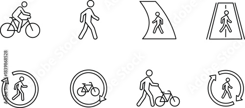 Set of pedestrian and cycling movement vector outline icons representing urban transport and accessibility isolated on white background