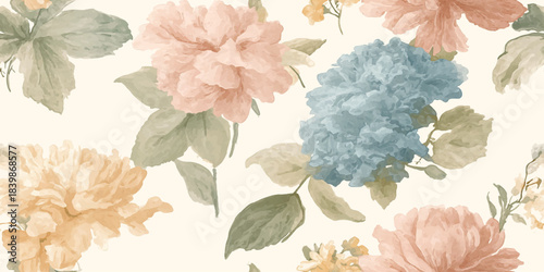 Lush watercolor hydrangea and peony seamless pattern for elegant fabrics, wedding stationery, and romantic home decor