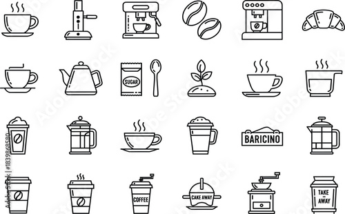Coffee, café, drink, beverage, icon, silhouette, espresso, latte, cappuccino, tea, milk, grinder, French press, croissant, takeaway, barista, coffee shop, sugar, steam, cup