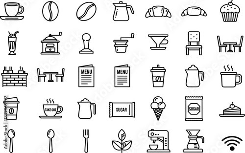 Coffee, café, drink, beverage, icon, silhouette, espresso, latte, cappuccino, dessert, muffin, croissant, grinder, table, spoon, cake, milkshake, snack, cozy, dining