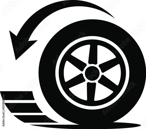 Black car tire with rotating arrow and motion lines on white background wheel auto