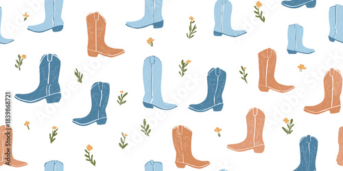 Whimsical seamless pattern of cowboy boots decorated with floral embroidery and wildflowers in soft pastel blue, orange, and beige.