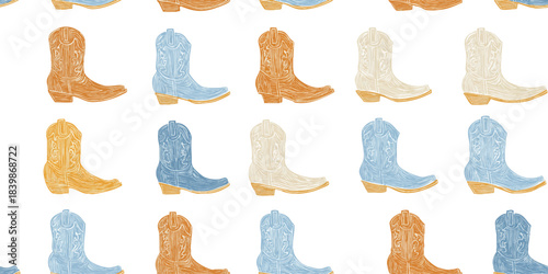 Whimsical seamless pattern of cowboy boots decorated with floral embroidery and wildflowers in soft pastel blue, orange, and beige.