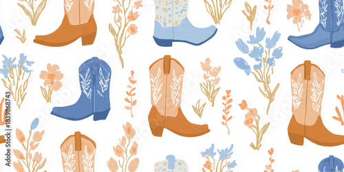 Whimsical seamless pattern of cowboy boots decorated with floral embroidery and wildflowers in soft pastel blue, orange, and beige.