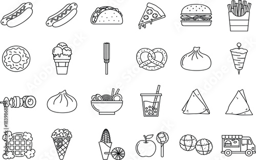 Food, snack, fast food, street food, dessert, drink, icon, silhouette, burger, pizza, taco, sushi, waffle, donut, skewer, dumpling, lemonade, bubble tea, food truck, noodle