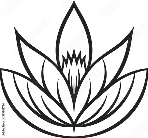 Black and white outline of a stylized lotus flower with layered petals symbol