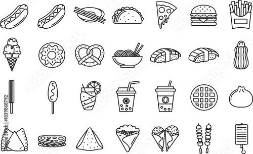 Food, snack, fast food, street food, dessert, drink, icon, silhouette, burger, pizza, taco, sushi, waffle, donut, sandwich, wrap, ice cream, beverage, skewer, noodle, croissant