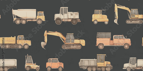Vintage construction vehicles and trucks sketch seamless pattern for children's fabrics, wallpapers, and engineering branding