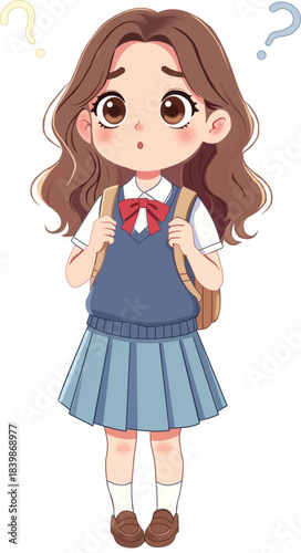 Confused thinking Schoolgirl with Question Marks