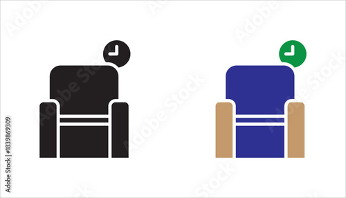 Waiting area, linear style icon set, Chair with a clock, indicating a waiting area. Editable stroke width.