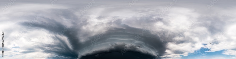 Fototapeta premium Dark moody rain storm clouds in overcast sky. Seamless 360 HDR spherical panorama. Full zenith or sky dome in 3D environment, sky replacement for aerial drone panoramas. Climate and weather change