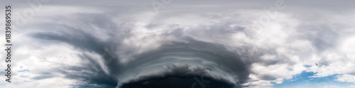 Dark moody rain storm clouds in overcast sky. Seamless 360 HDR spherical panorama. Full zenith or sky dome in 3D environment, sky replacement for aerial drone panoramas. Climate and weather change