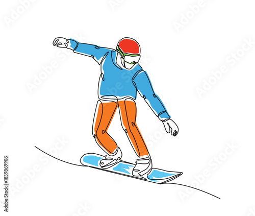 Snowboarder line art illustration. Person wearing winter gear and riding a snowboard.