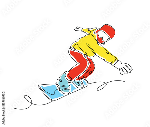 Snowboarder line art illustration. Person wearing winter gear and riding a snowboard.