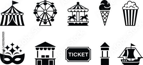 Carnival and Amusement Park Icons Keywords: carnival, amusement park, fair, circus, ferris wheel
