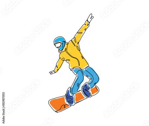 Snowboarder line art illustration. Person wearing winter gear and riding a snowboard.