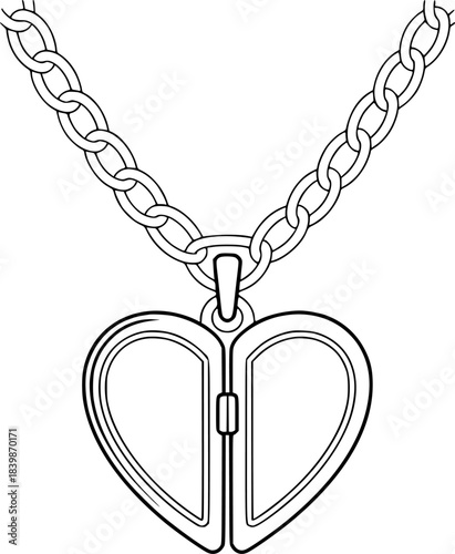 Black and White Line Art Illustration of a Heart-Shaped Locket Necklace