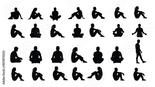 a diverse collection of human figures depicted in striking black silhouettes showcasing various yoga poses and activities silhouette