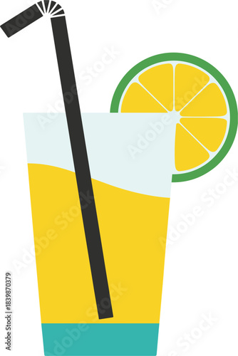 Glass of Yellow Juice with Straw and Lime Slice on White Background drink beverage