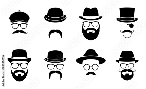 Collection of Gentleman's Silhouettes with Hats, Glasses, and Mustaches