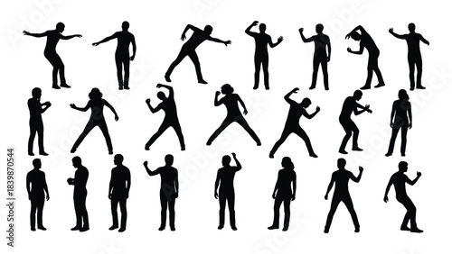 a diverse collection of human figures in various poses all rendered as striking black silhouettes