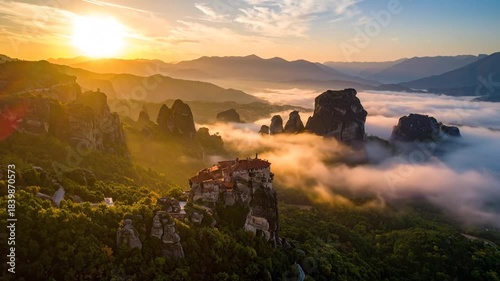 Stunning Sunrise Over Meteora Monasteries, Greece, Aerial View