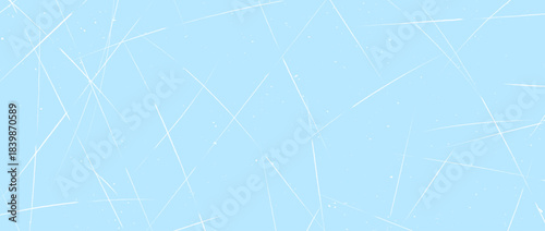 Scratched ice surface texture. Light blue ice background with skate traces, cracks, scratches. Rough winter sport rink backdrop. Frozen lake or pond water wallpaper with dots, cuts and lines. Vector
