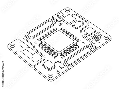Isometric Line Art Illustration of a Microchip and Circuit Board Components