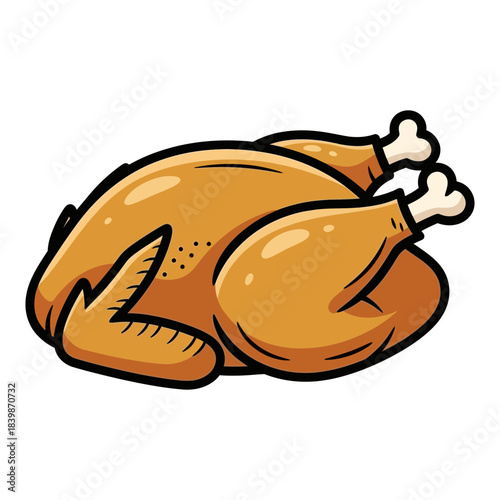 Stylized cartoon illustration of a golden brown roasted chicken silhouette isolated on white background