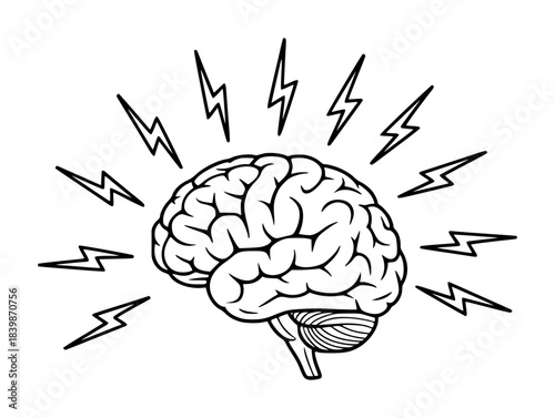 Illustration of a Brain with Lightning Bolts Symbolizing Ideas and Energy