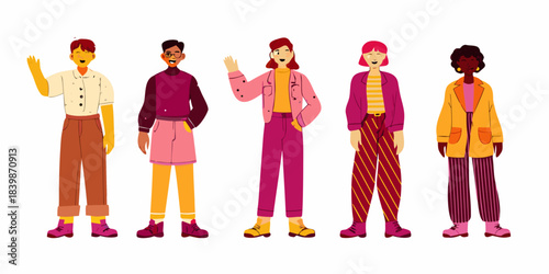 Diverse group of young people illustrated in a modern colorful and stylized manner