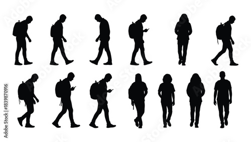 a collection of diverse people walking in various poses often carrying backpacks presented as a black silhouette