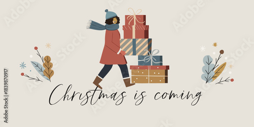 Woman carrying stacked gifts with festive decorations and calligraphy text