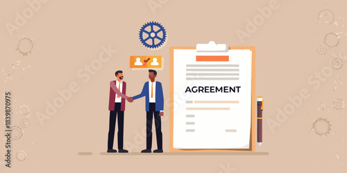 Business agreement two men shaking hands over a clipboard with contract