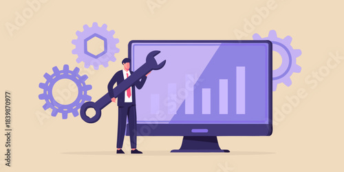 A businessman repairs data analysis on a computer with gears nearby