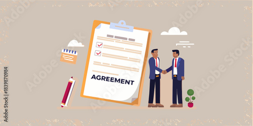 Business agreement and successful handshake illustration with document and professionals