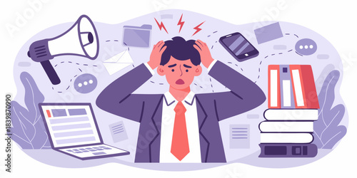 Overwhelmed businessman dealing with stress from work and constant notifications