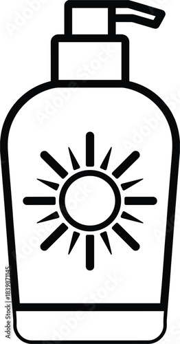 Outline icon of a sunscreen bottle with a sun symbol sunblock lotion