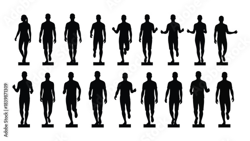 a collection of human figures demonstrates various poses and actions in a stark black silhouette