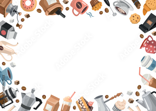 Coffee rectangular, frame, copy space, horizontal template. Hand drawn cartoon Style design with different Coffee Theme objects. Vector illustration
