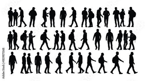 a collection of diverse human figures in various walking poses presented as a striking black silhouette