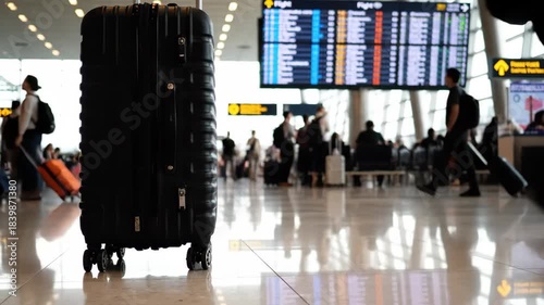 Airport Traveler with Luggage - This low-angle shot focuses on a black suitcase standing still while a traveler walks by pulling a similar suitcase, set against the backdrop of a busy airport