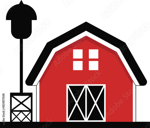 Red Barn with Black Roof and Water Tower on White Background farm agriculture