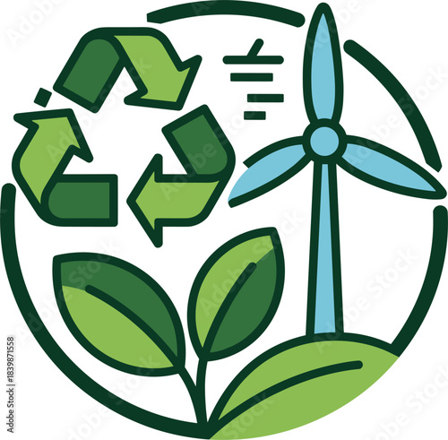 Renewable Energy and Recycling Symbol with Green Leaves and Wind Turbine green energy sustainability